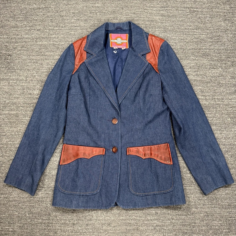 Ms. Pioneer Denim Blazer Women 12 Blue Patch Pocket Ranch South Western 70s VTG